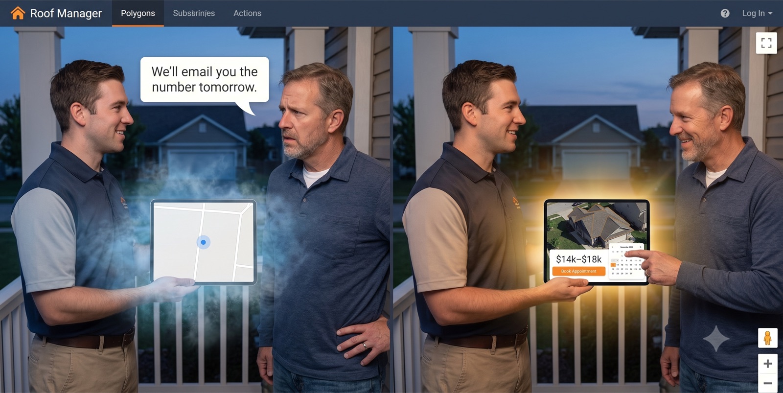 Roofing sales rep showing a homeowner an instant satellite roof estimate on a tablet at the front door