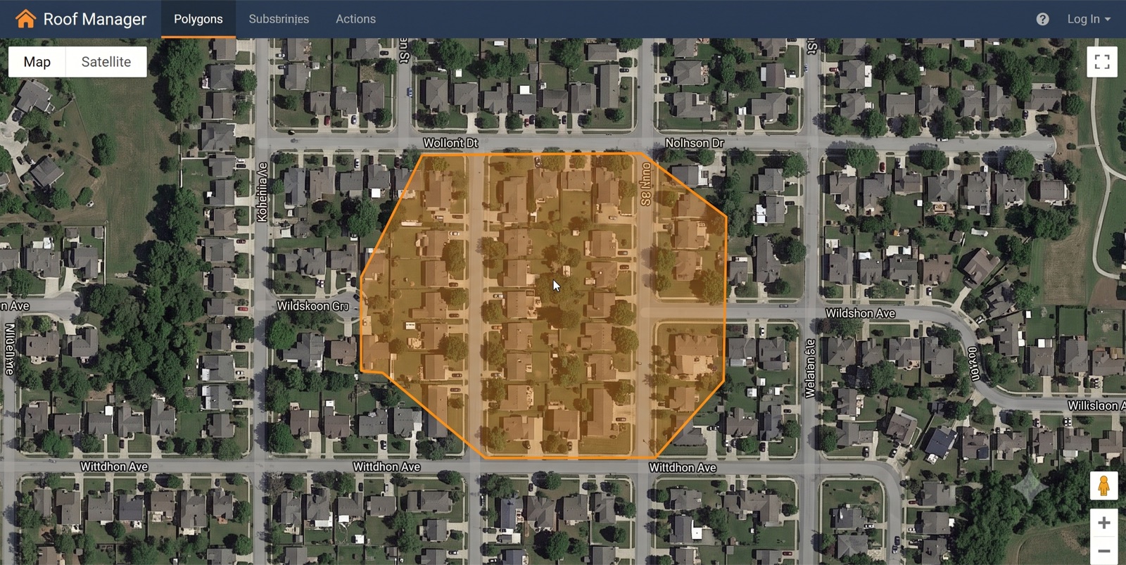 Roof Manager door-to-door turf map with an orange polygon drawn around a residential neighbourhood, ready to assign to a sales rep
