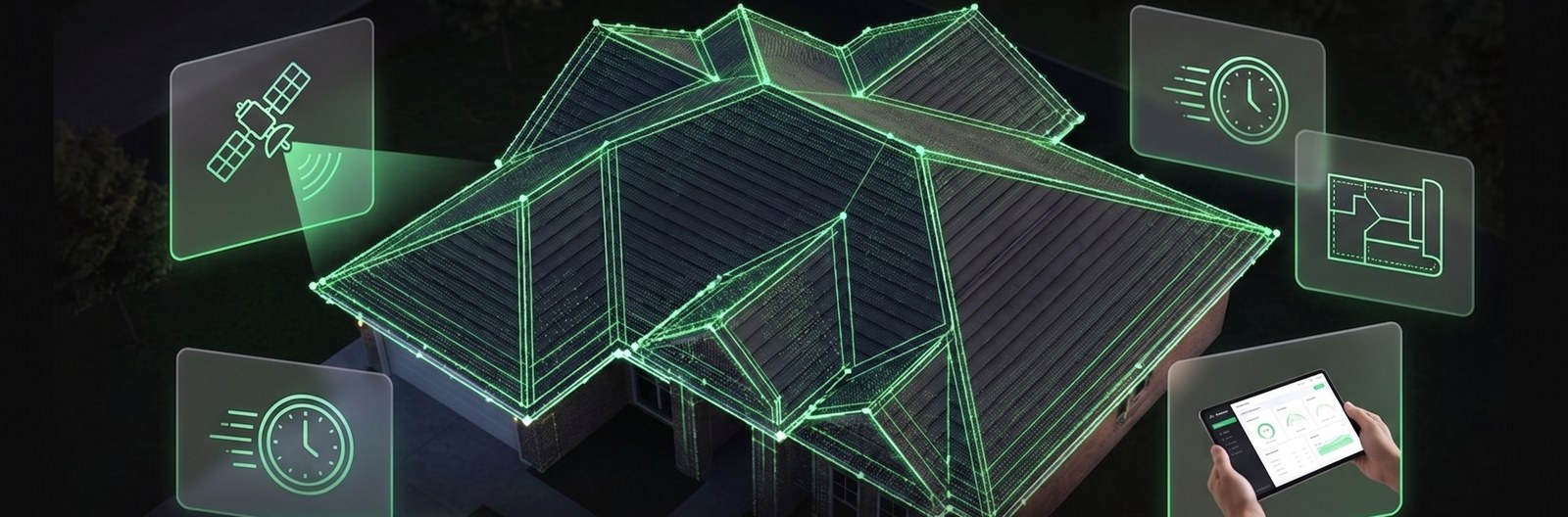 AI roof measurement — 3D wireframe model of a roof with satellite, speed, blueprint, and live-report data overlays