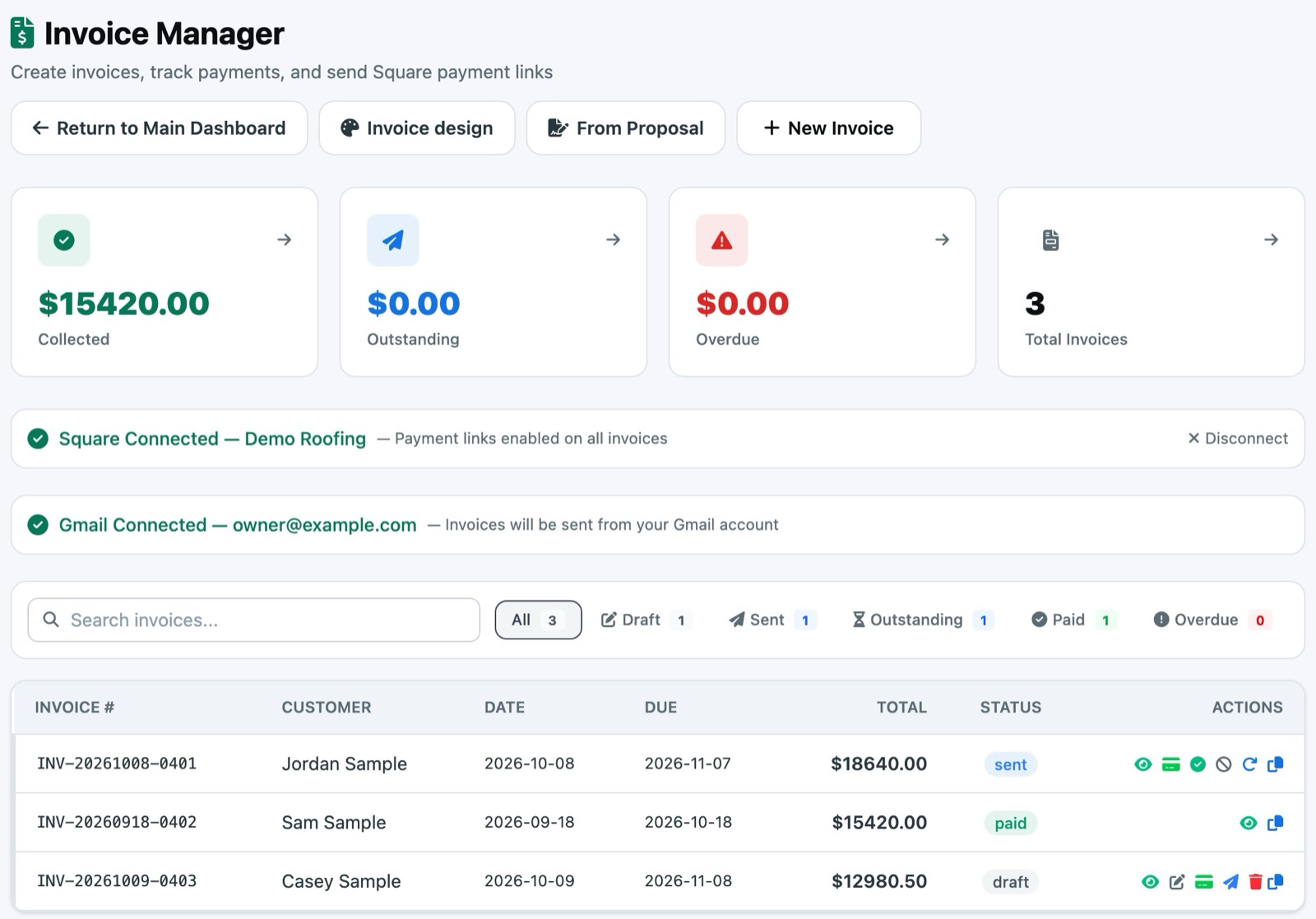 The Invoice Manager: collected, outstanding and overdue totals, Square and Gmail connected, and a list of invoices