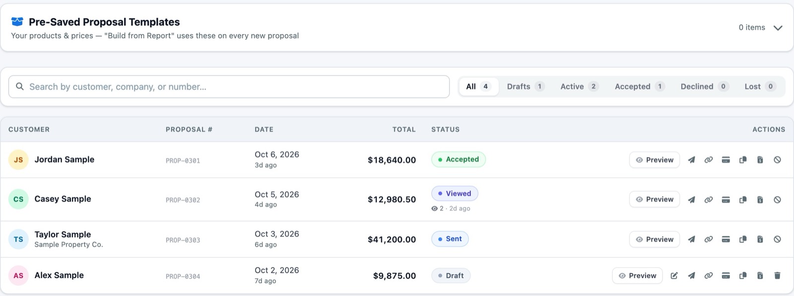 The Proposals screen: saved proposal templates, and four proposals with status Accepted, Viewed, Sent and Draft