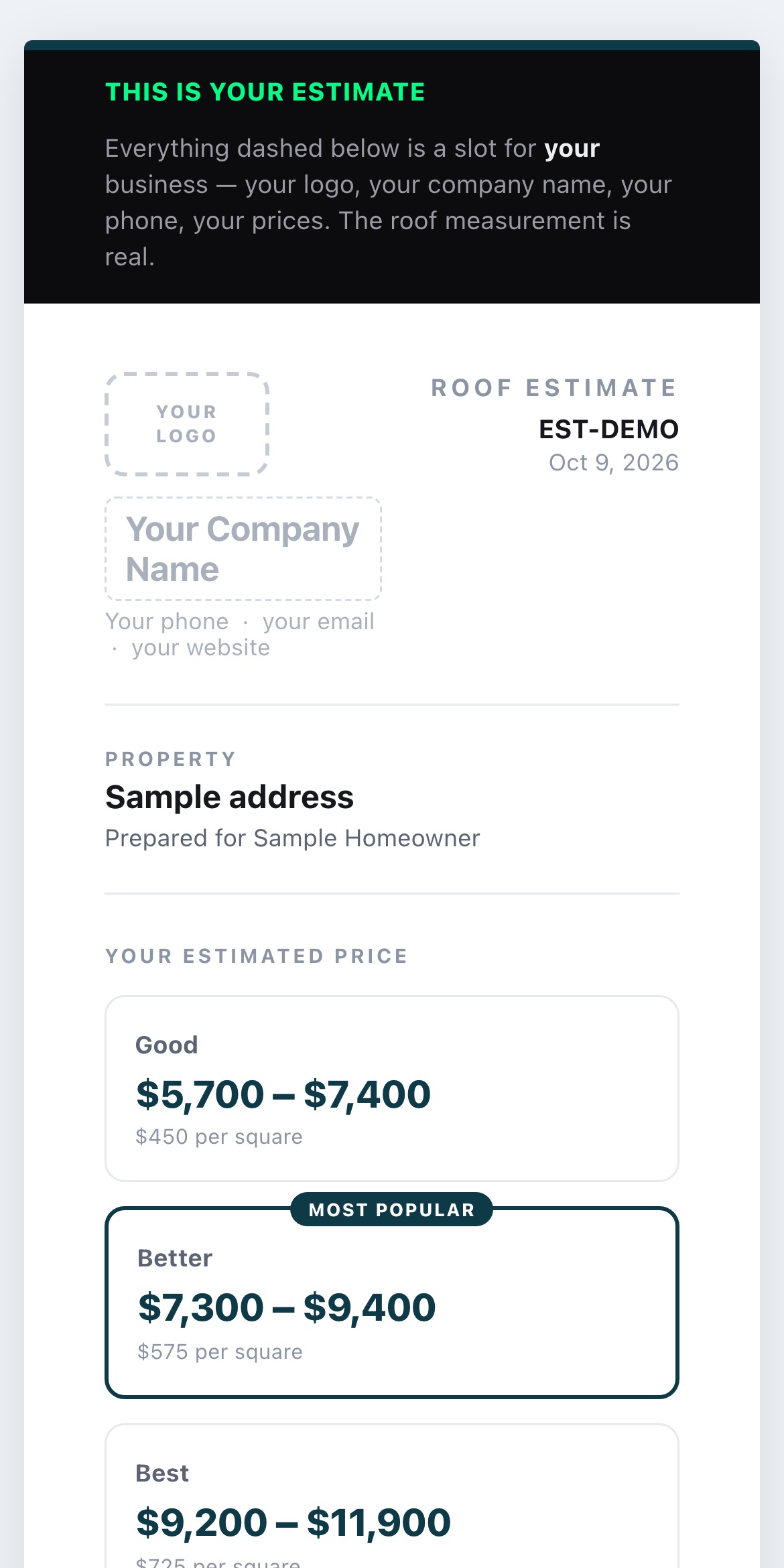 The estimate a homeowner sees: Good, Better and Best price ranges for their roof, from the contractor's own rates
