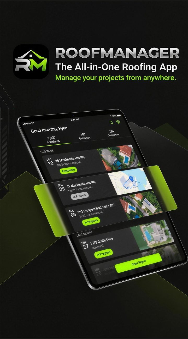 Roof Manager: the all-in-one roofing app — the job list on a tablet-style view with completed and in-progress reports
