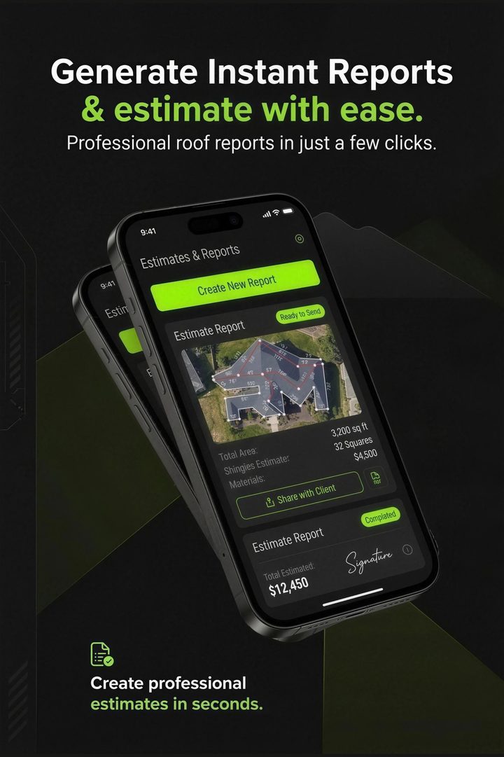 Roof Manager iPhone app: an estimate report with the traced roof diagram, total area and shingle estimate