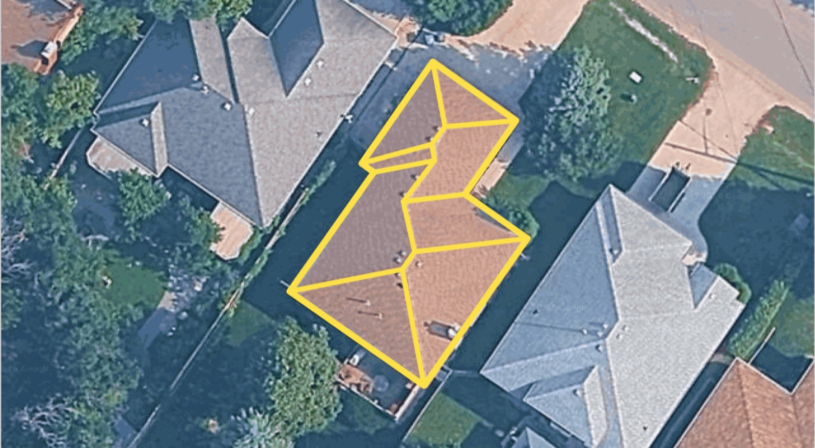 A real Roof Manager measurement traced over the property aerial — the roof perimeter and every ridge, hip and valley outlined in yellow