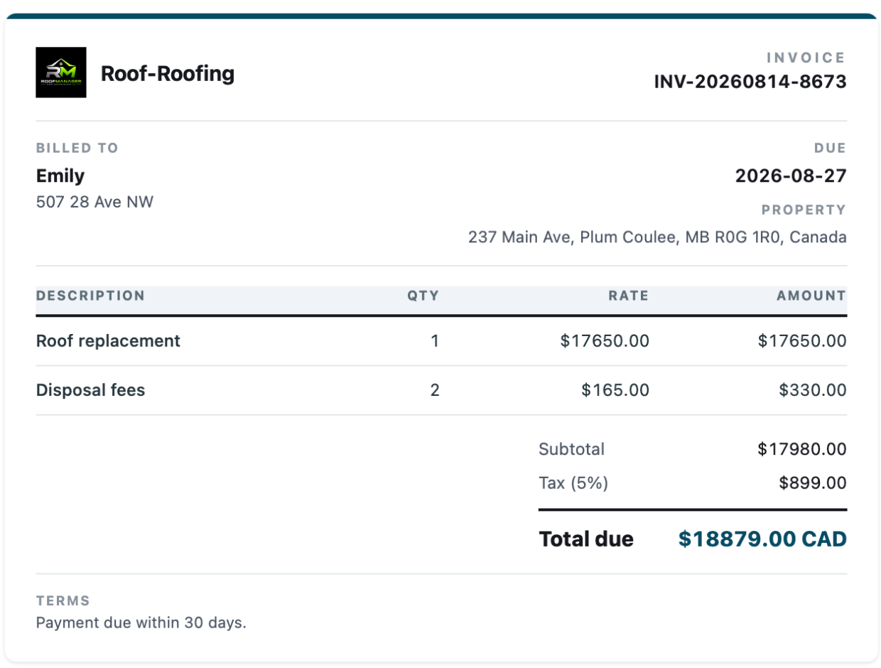 A Roof Manager invoice ready to send, payable by card, Apple Pay or Google Pay