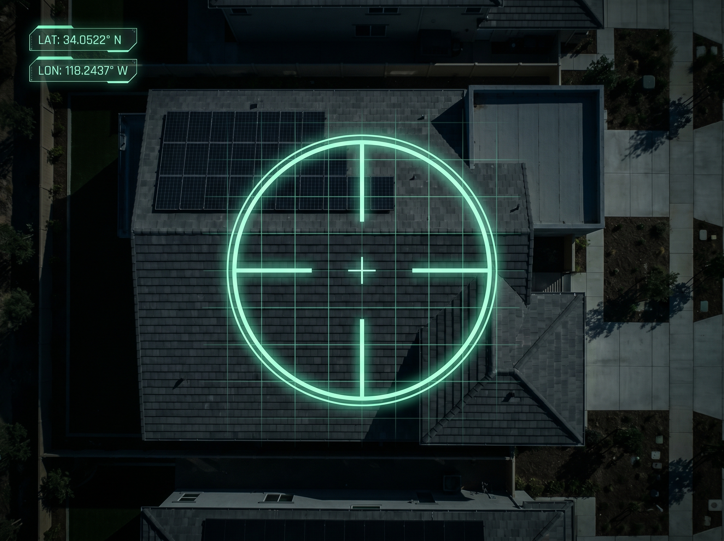 Aerial satellite view of a residential roof with targeting crosshair and lat/lon coordinates