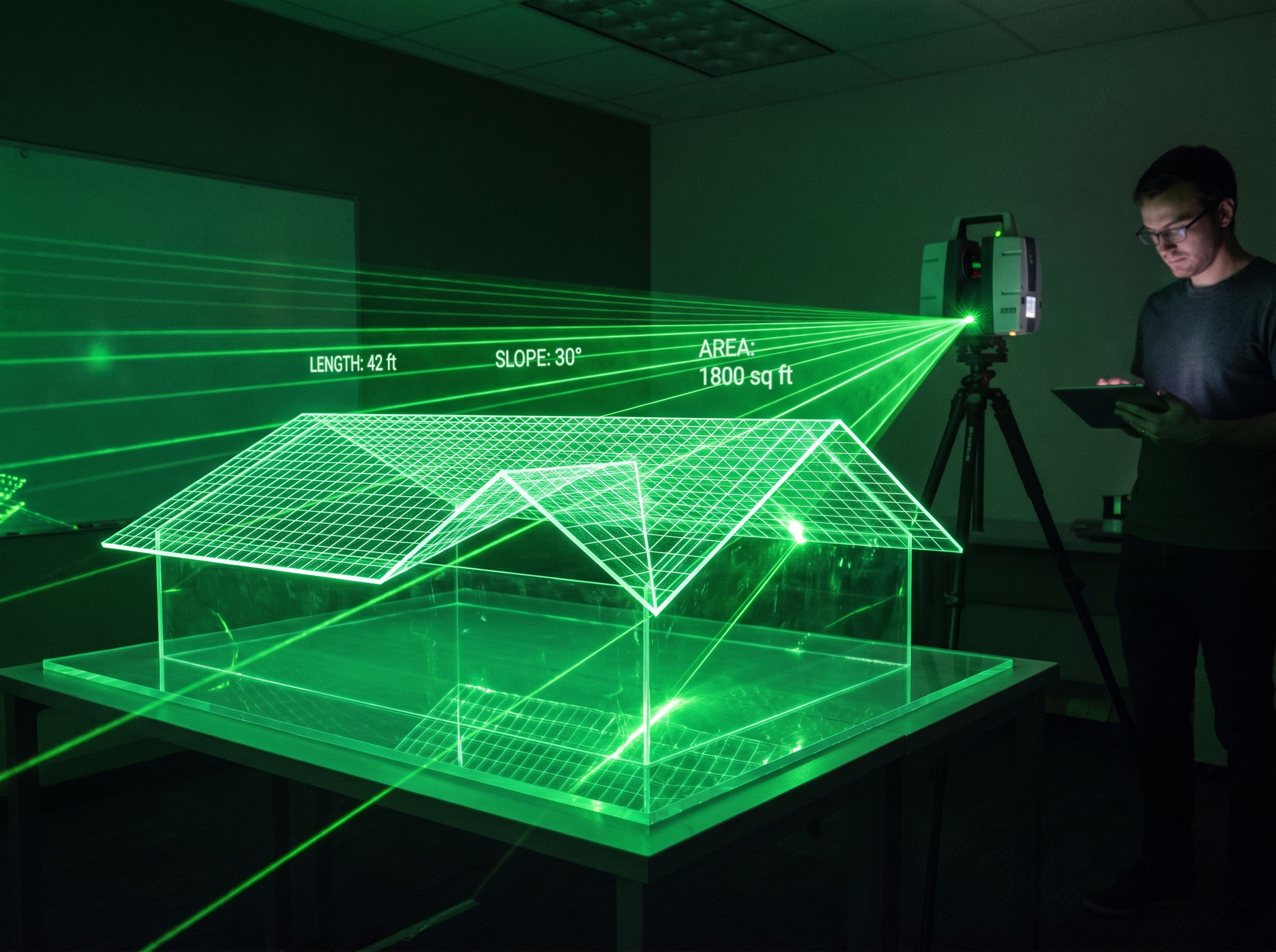 LiDAR scanner projecting a 3D wireframe roof with length, slope, and area measurements